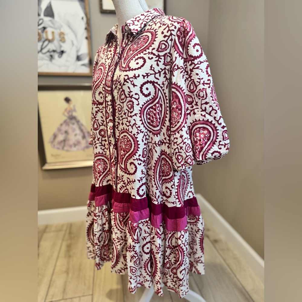 NWT! SHE + SKY Berry and Cream Paisley Poof Sleeve Midi Dress - Picture 6 of 10